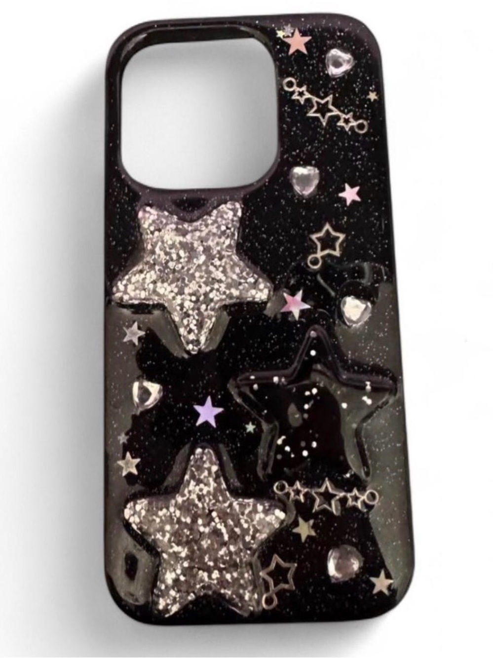 Glitter Star Black Phone Case with Silver Accents iPhone 15 pro